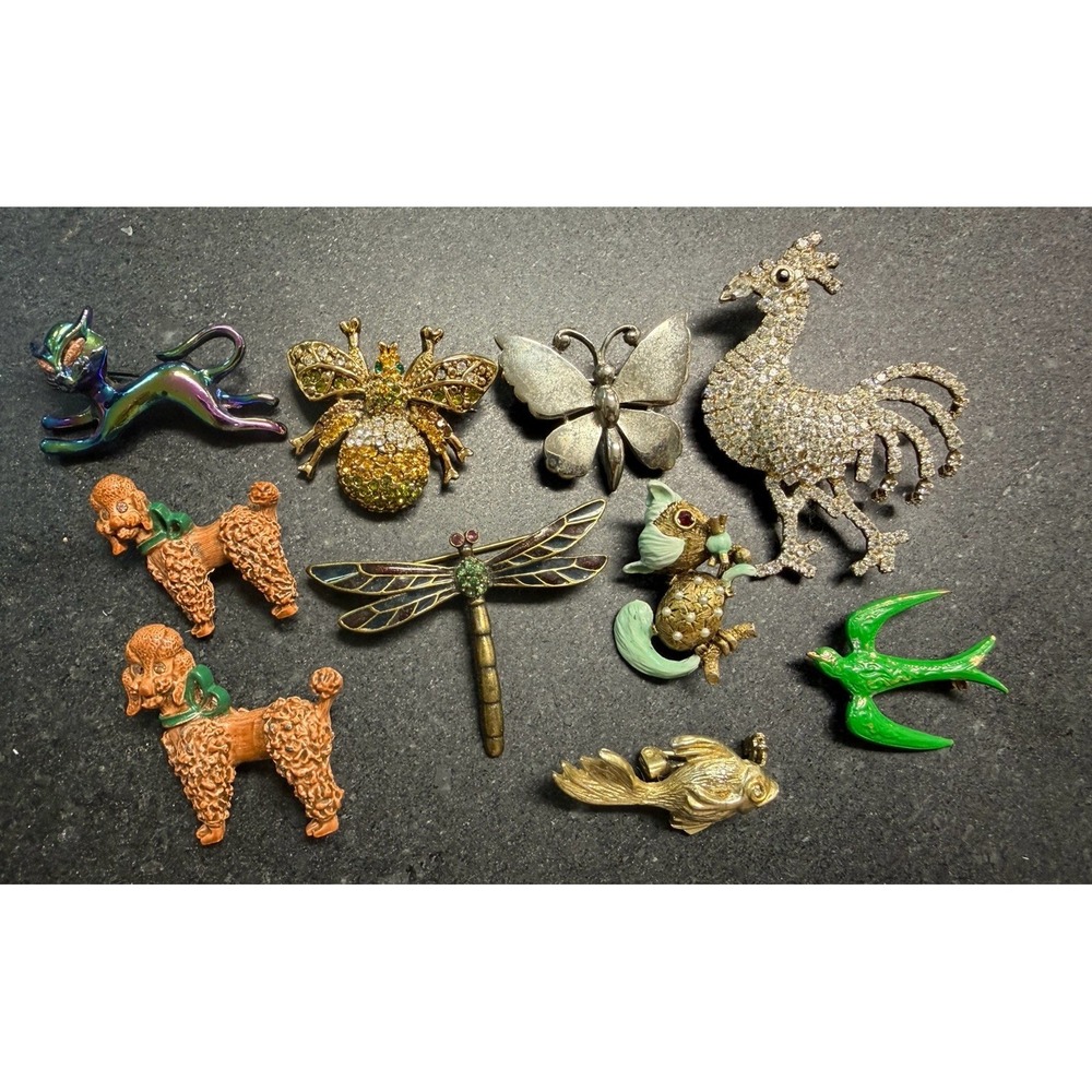 Vintage Animal Insect Bird Brooch Pin Lot Rhinestone Enamel Poodle Cat 10pc